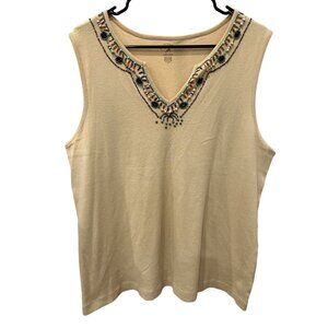 White Stag Women's XL Embroidered Sleeveless Top Beige 100% Cotton